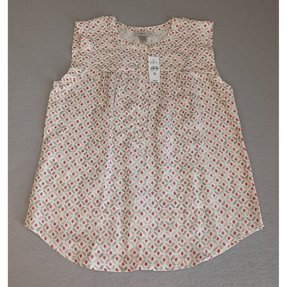 Ann Taylor LOFT Sleeveless Blouse Tunic Womens S White‎ Tan Pink Print Top NWT